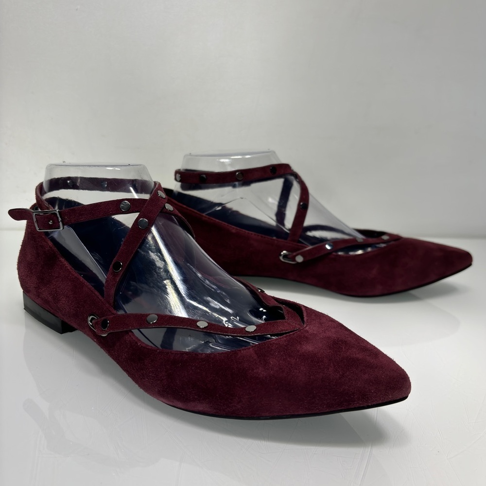 Rebecca Minkoff Faye Dark Maroon Suede Studded Straps Pointed‎ Toe Flats Size 8 - Picture 2 of 12